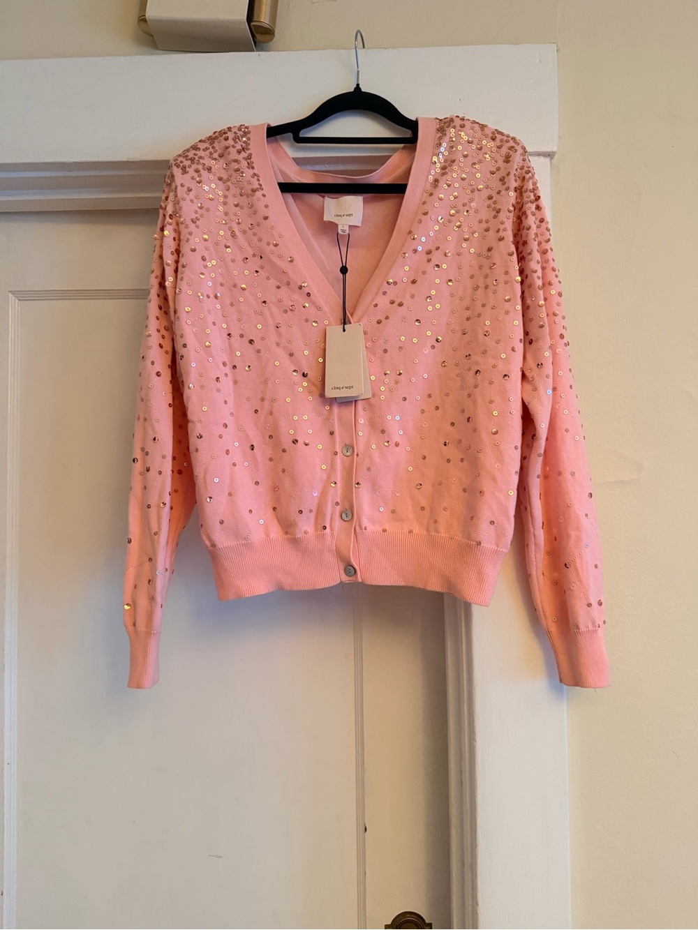 cinq a sept Pink Sequin V-Neck Cardigan Sweater